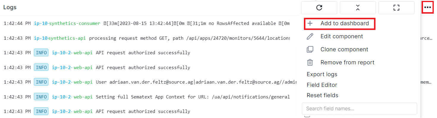 Sematext Cloud Logs Guide - Logs Table Add To Dashboard