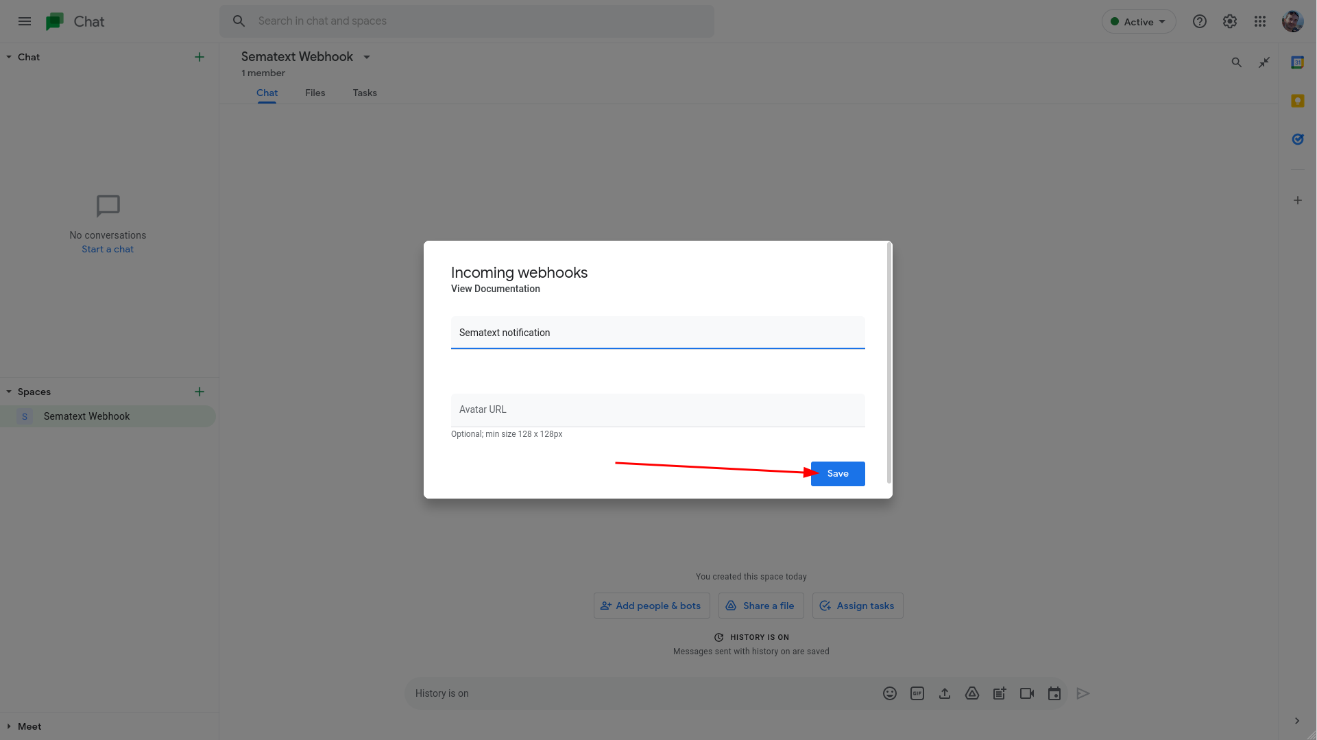 Create Google Chat Integration - Save Webhook