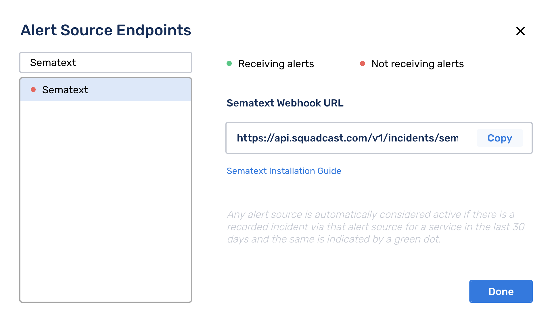 Create Squadcast Integration - Sematext Webhook URL