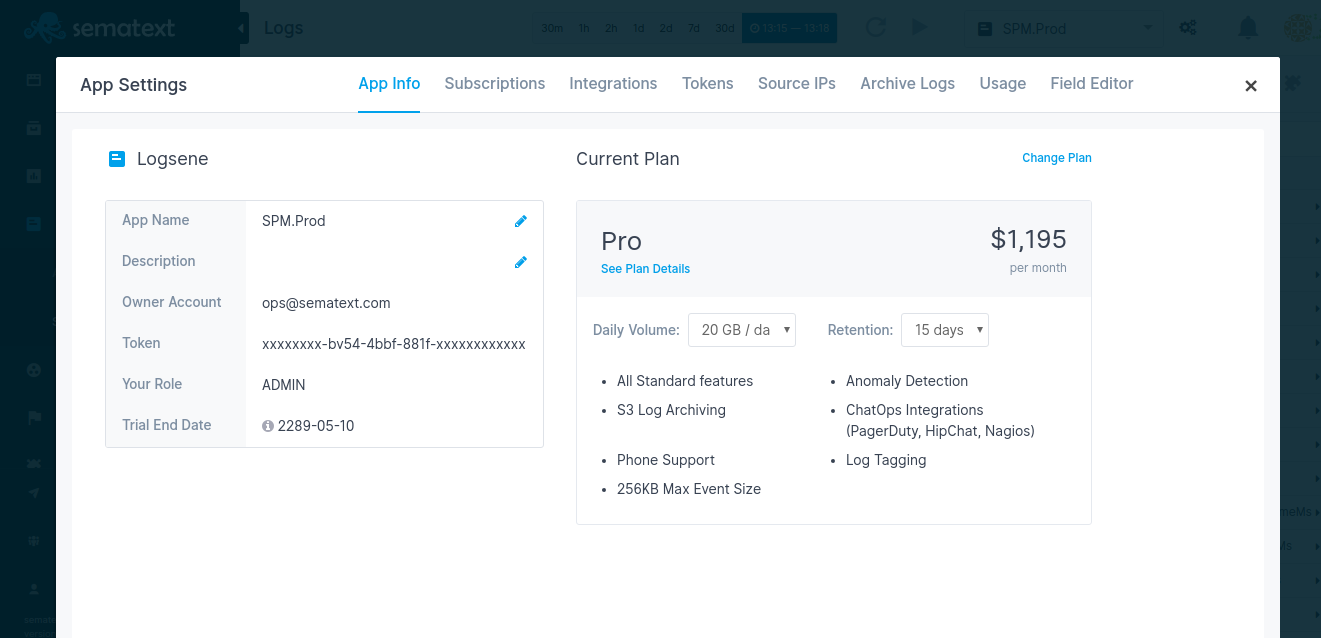 Logs App Daily Retention, Daily Volume, and Plan Info