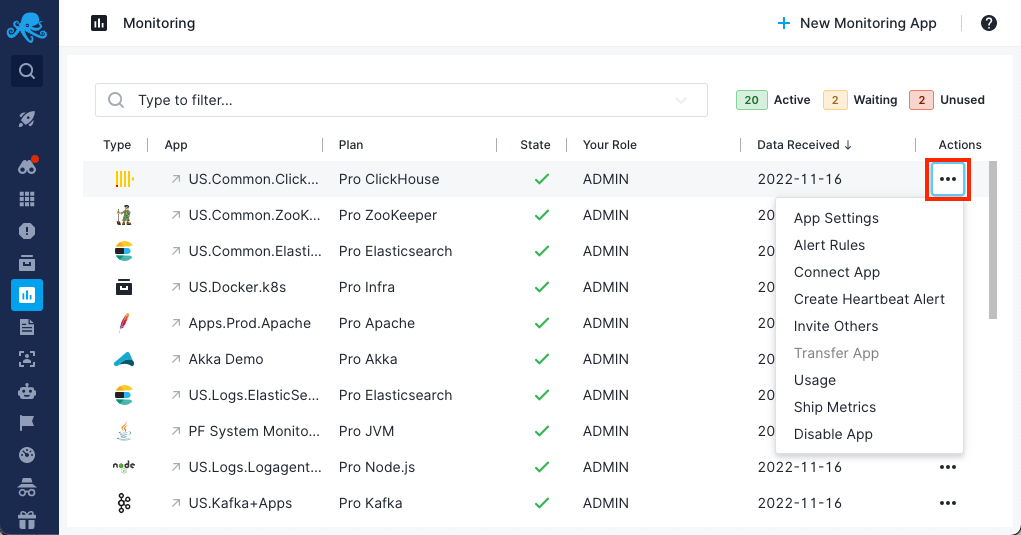 Sematext Monitoring App Settings UI screen