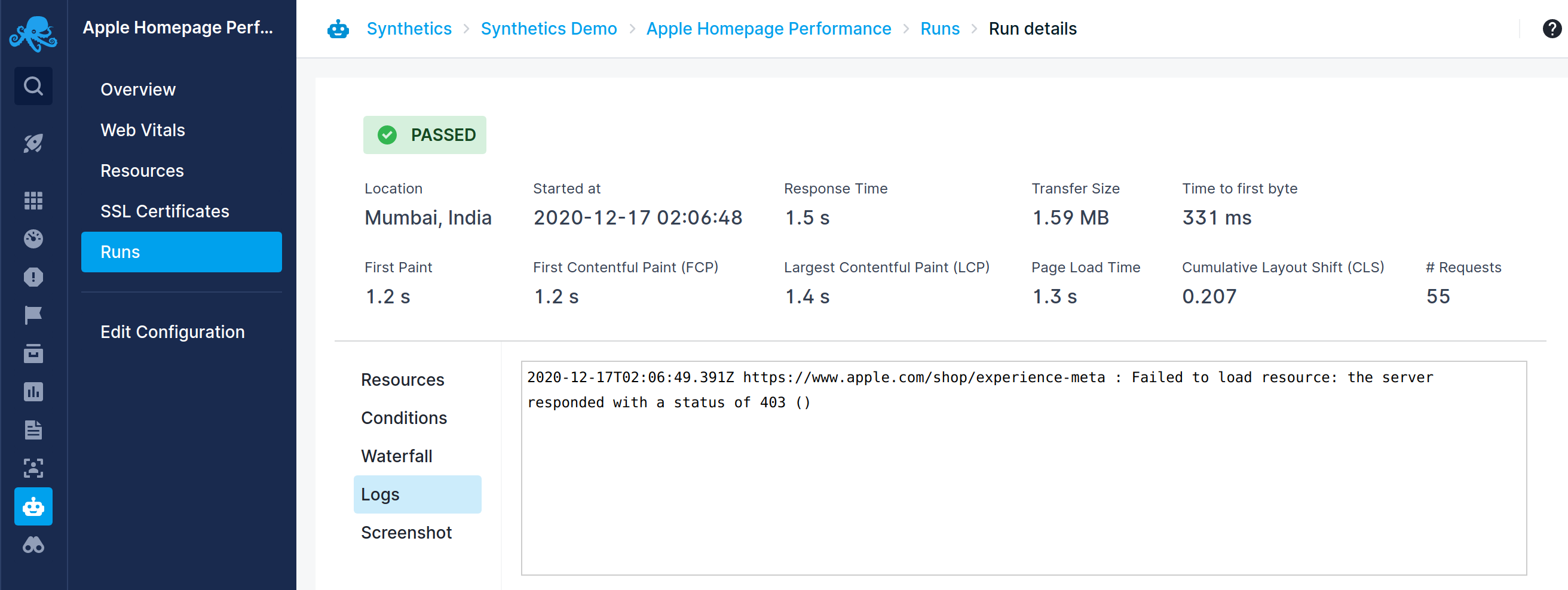 Browser monitor console logs