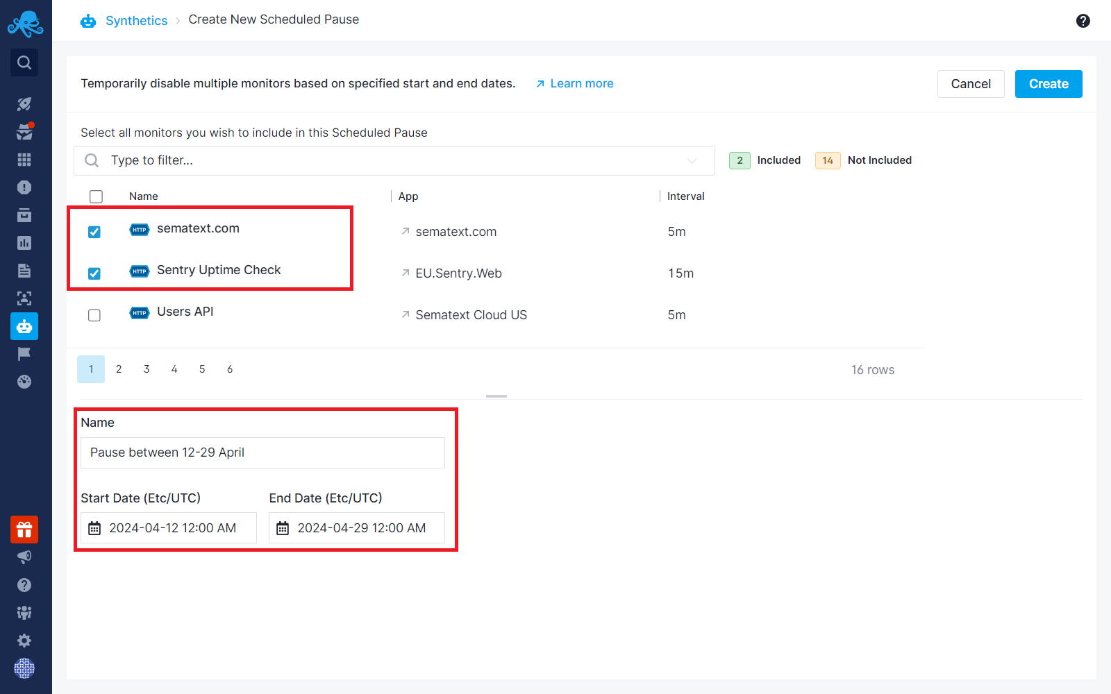 Schedule Pause Create