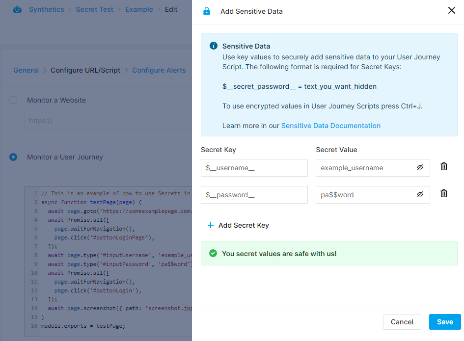 Adding sensitive data for Browser monitor scripts 