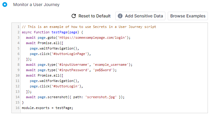 Browser monitor script with plaintext credentials